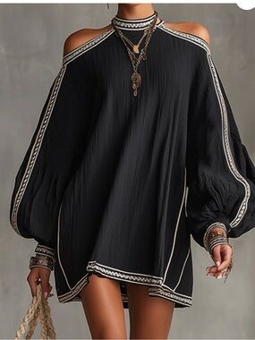 Oh Black Cold-Shoulder Mini Dress with Contrast Trim